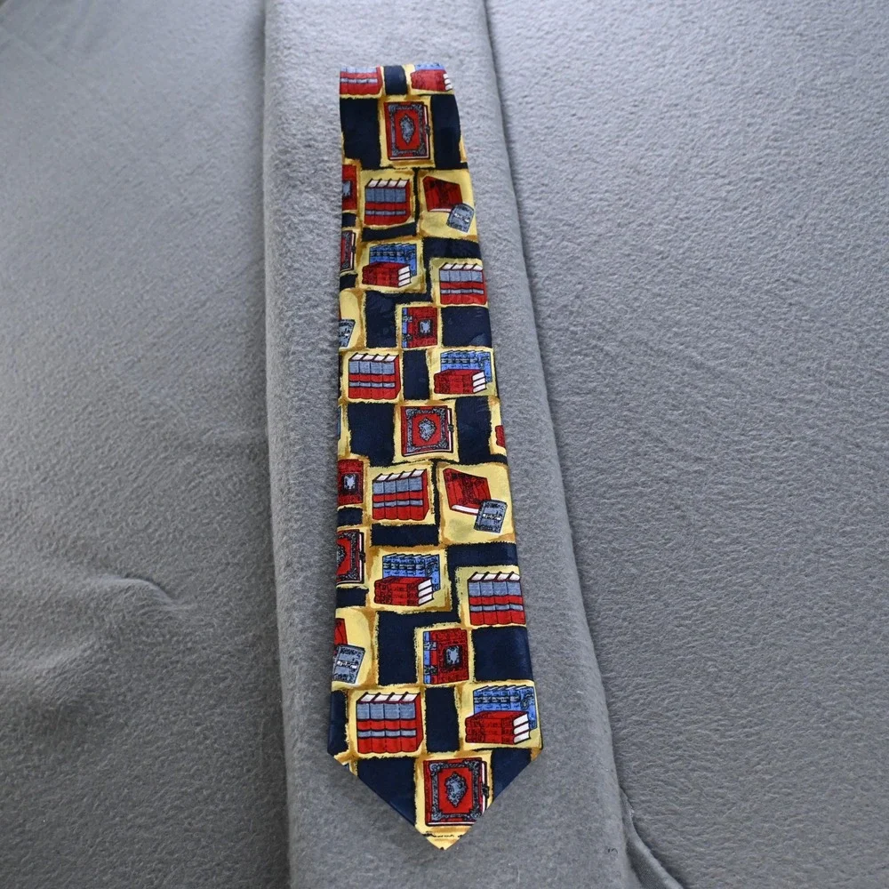 Leonardo Mens Bookshelf Print Library Necktie OS Navy Blue Yellow Red